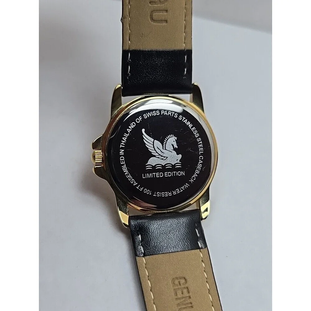 Tourneau Pegasus Limited Edition Gold Tone Black Leather Quartz Watch New Batter
